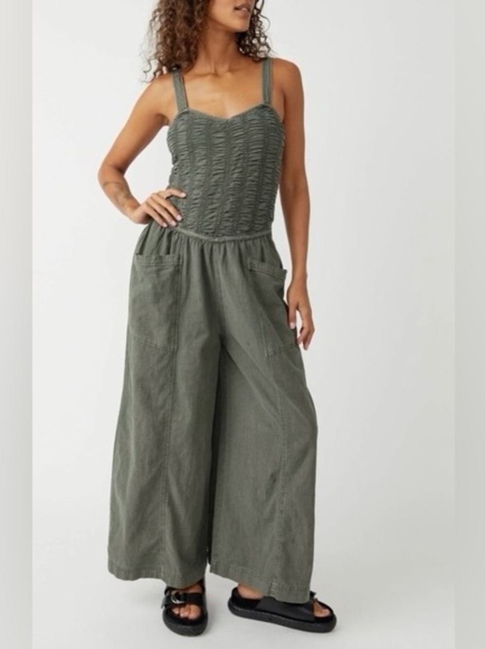 Free People Forever and Always Ruched Cotton Wide-Leg Jumpsuit Size XL NWT - Picture 2 of 16
